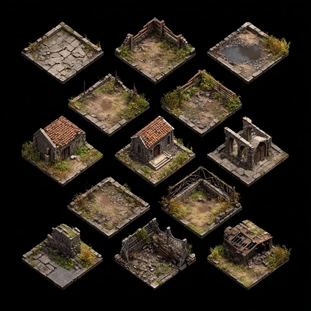 Isometric Tile Map Sprite Sheet Abandoned Town 3D