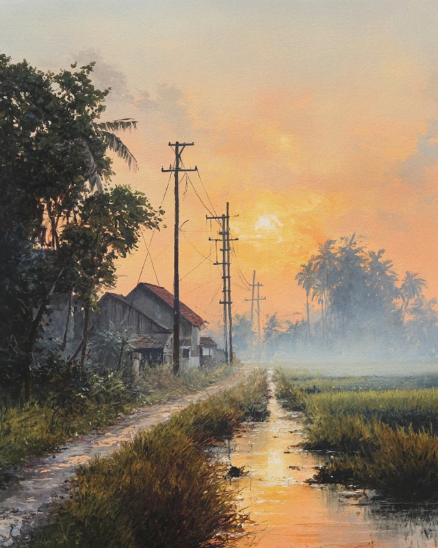Kedah Village Sunrise Gouache Painting Malaysian Scene