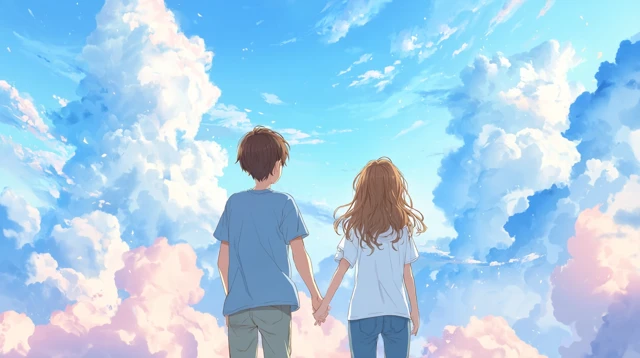Anime Couple Holding Hands on a Cloud