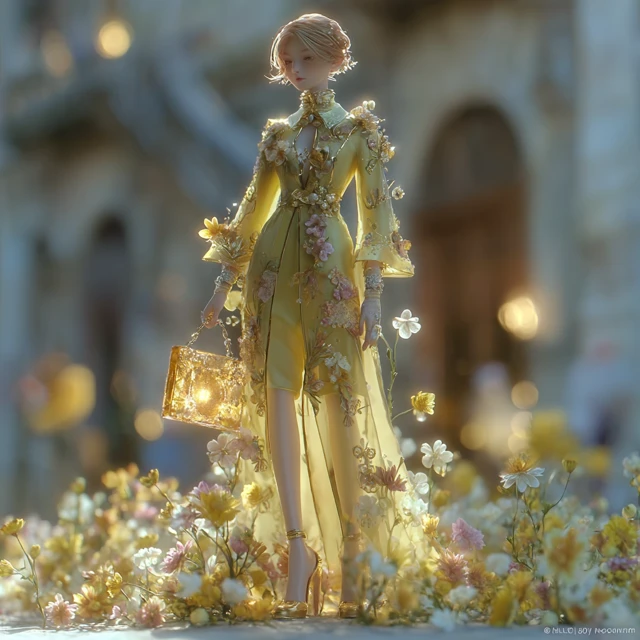 Sunny Day Hyperrealistic Woman in Golden Dress