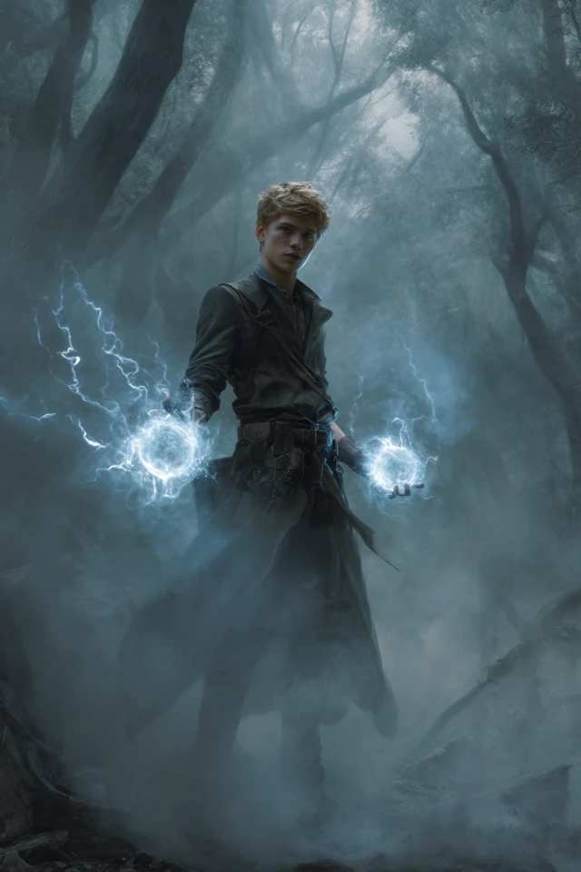 Young Mage in Dark Forest Casting Lightning