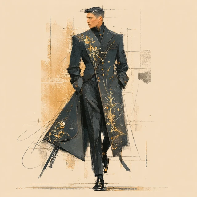 High Fashion Illustration: East Asian Model in Navy Coat