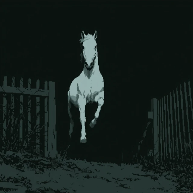 Creepy White Horse Jumping Fence at Night