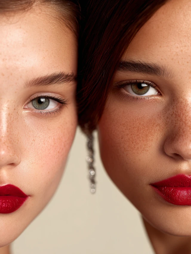 Models with Red Lipstick Makeup Close Up