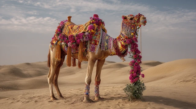 Decorated Camel in Desert Landscape