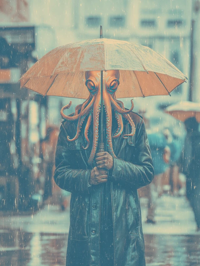 Rainy City Street Fashion With Octopus Head