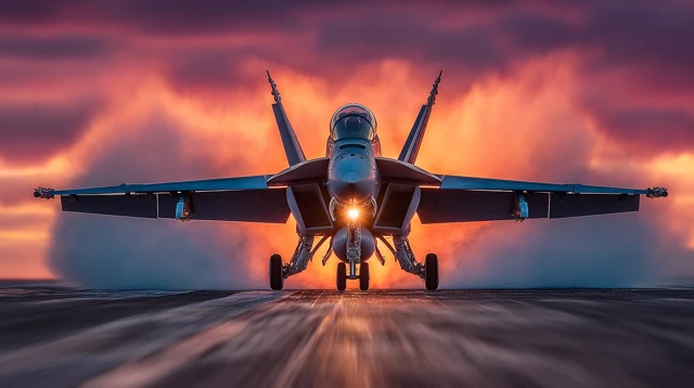 Military Jet Taking Off From Carrier Deck