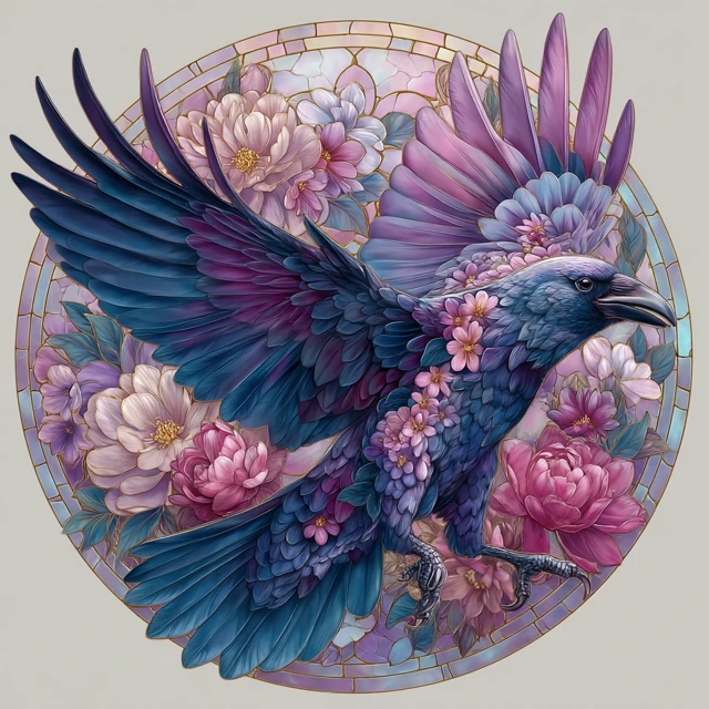 Raven Stained Glass Art with Flowers Elegant Design