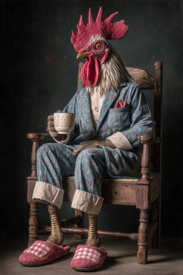 Cute Rooster in Pajamas with Coffee