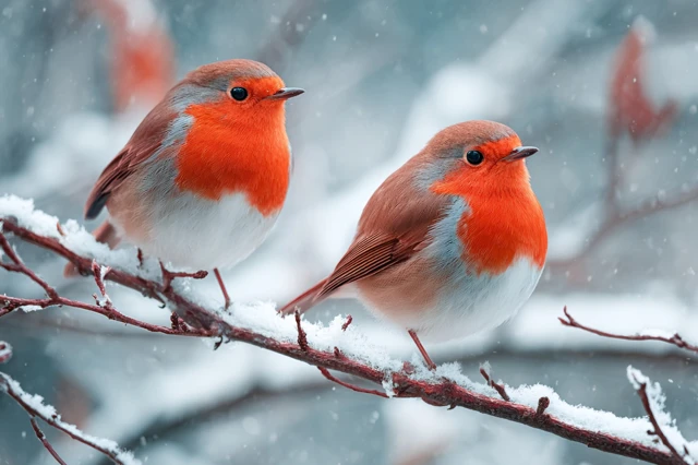 Winter Robins on Snow Covered Branches Christmas