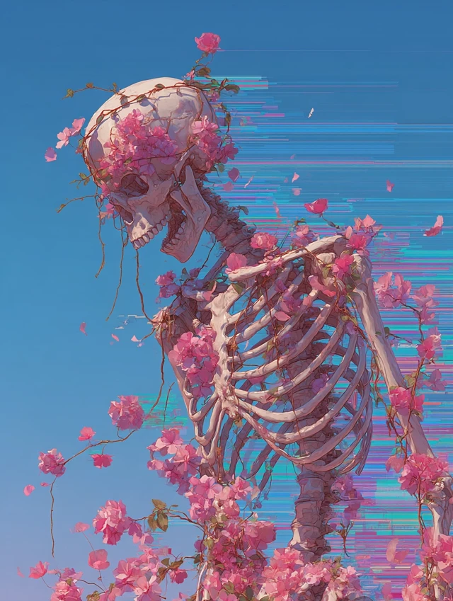 Ethereal Skeletons in Love Pink Flowers and Glitches