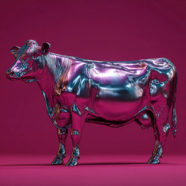 Iridescent Metal Cow Sculpture 3D Render