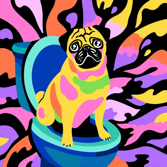 Cute Pug on Toilet Neon Art Illustration