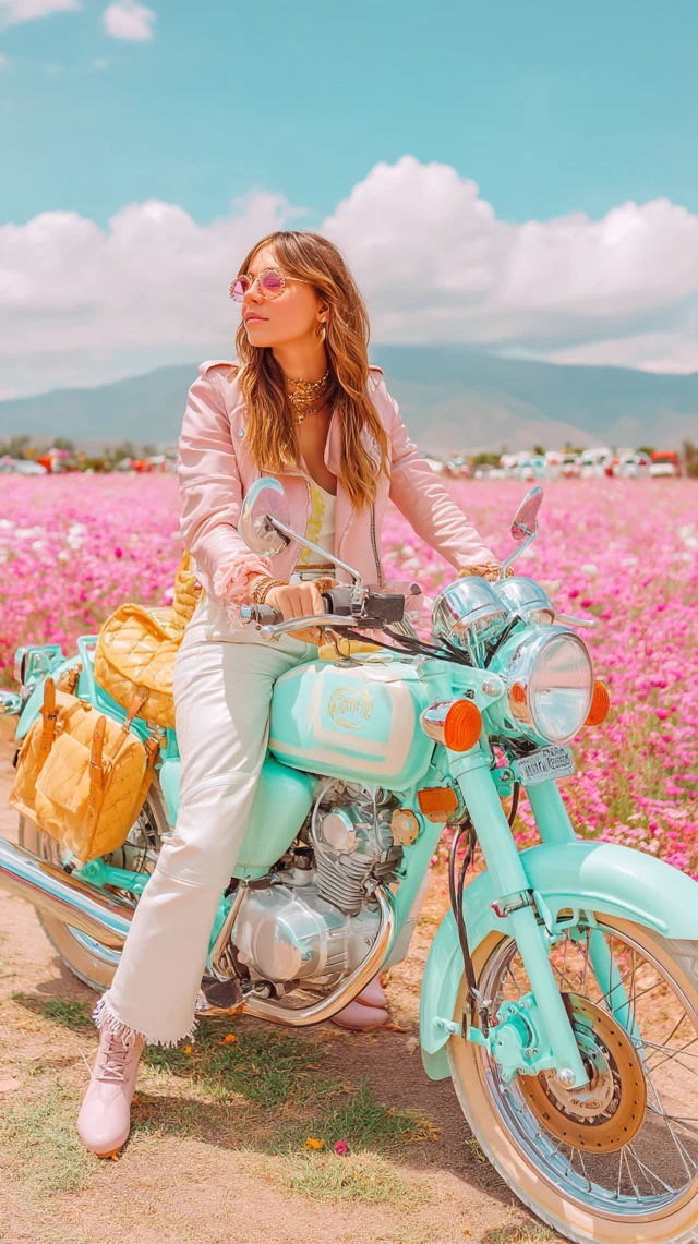 Woman on Moto in Poppy Field: Romantic, Carefree