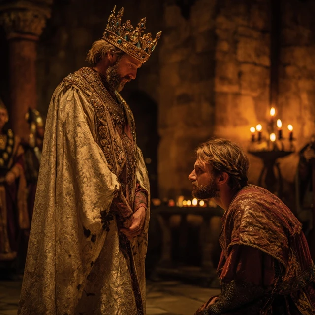 Medieval Emperor and Rebel Kneeling Photo