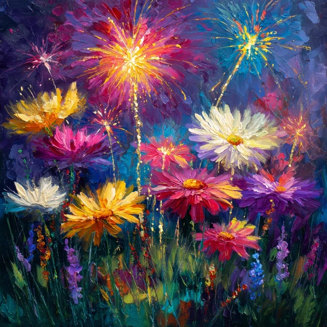 Fireworks and Flowers A Vibrant Oil Painting