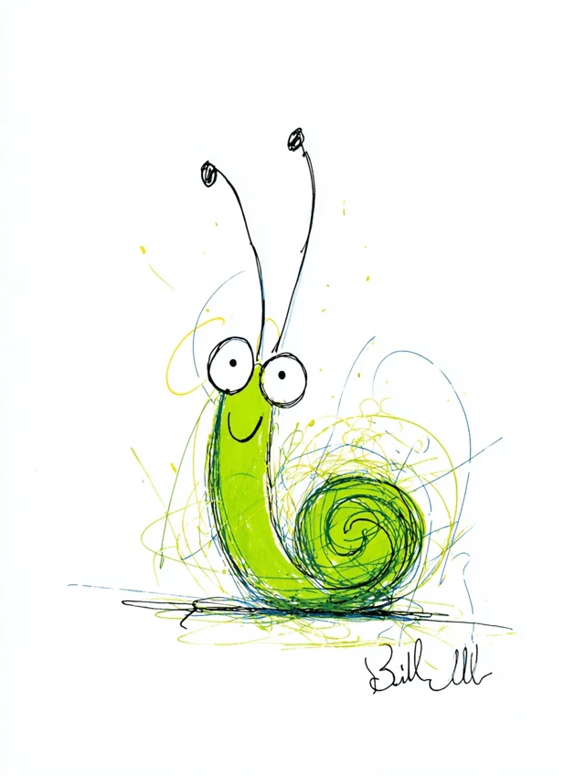 Cute Green Snail Cartoon Illustration by Bill Waterson