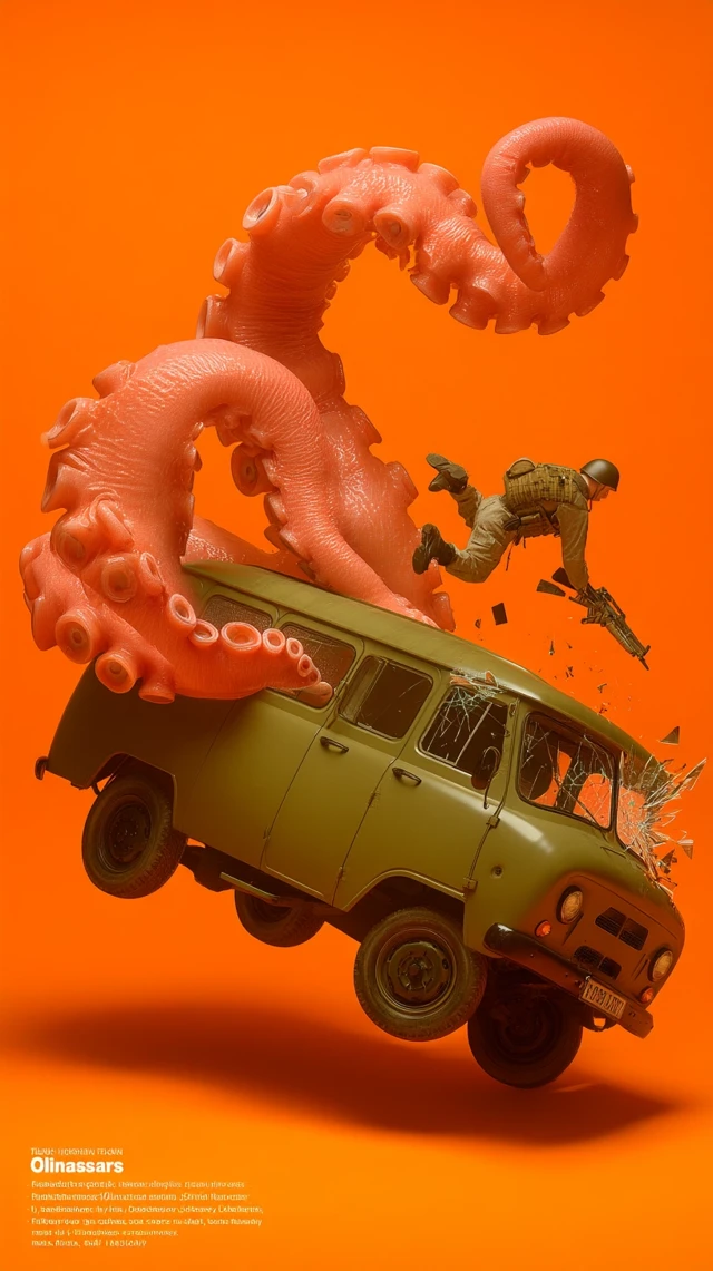 Giant Tentacle Attacks Military Van - Surreal Action Poster