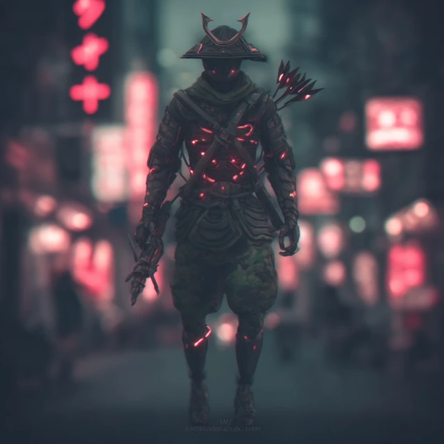 Cyberpunk Samurai in Japan Street Realistic 3D Render
