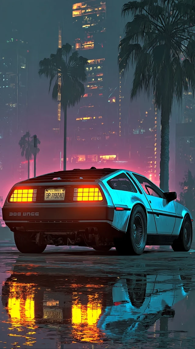 Futuristic DeLorean in Neon Cityscape