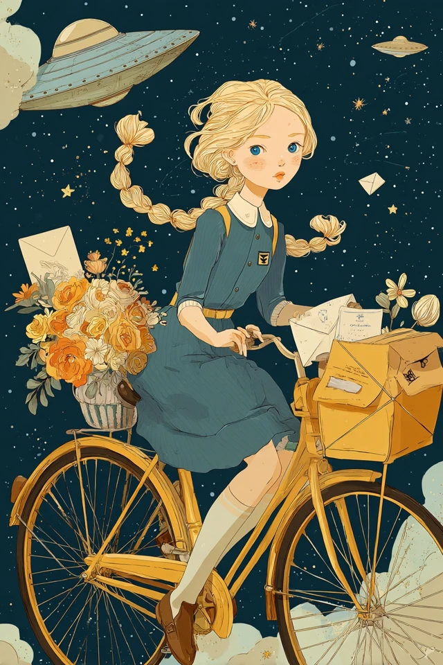 Fairy Girl on Bicycle Space Post Office Illustration