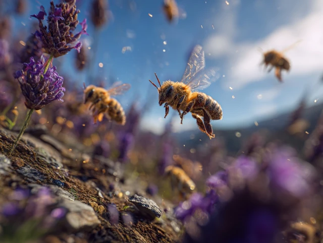 Honeybees Flying Over Lavender Field Close Up