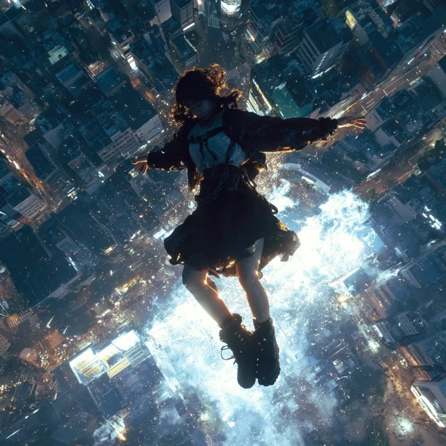 Cyberpunk Girl Floating Above Shibuya