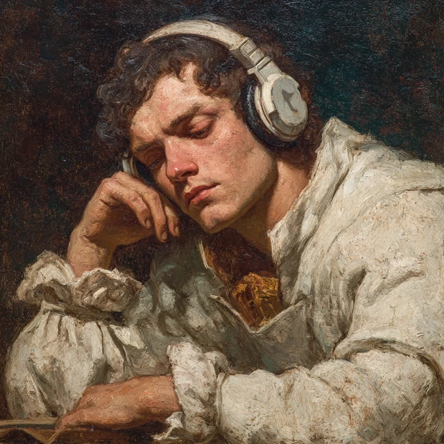 Renaissance Bard Listening to Headphones