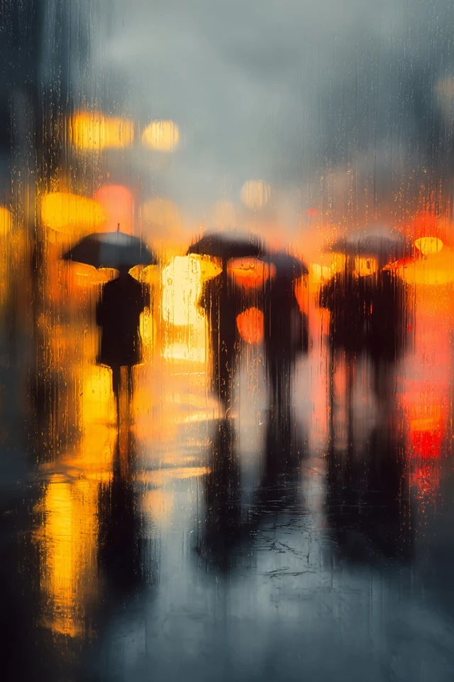 Rainy Street Scene Silhouettes Impressionist Art