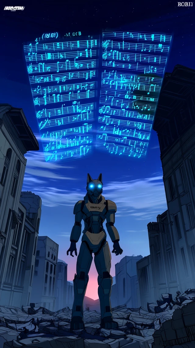 Anime Robot Dog in Ruins with Musical Holograms