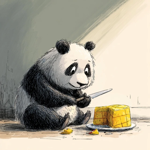 Panda Cutting Mango Cake Illustration