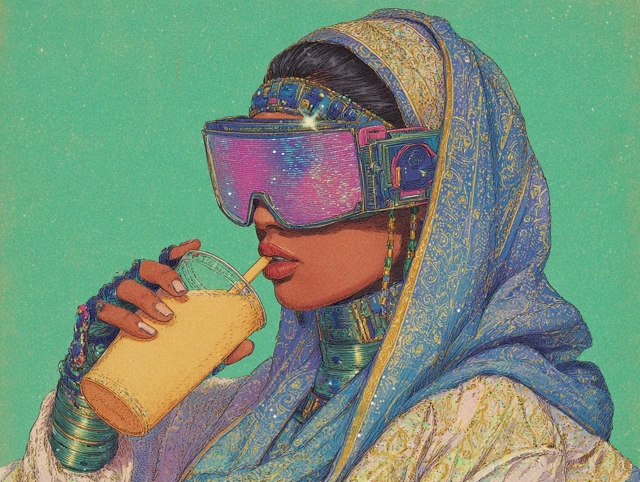 Retro Cyberpunk Mauritanian Woman Drink Ice Latte