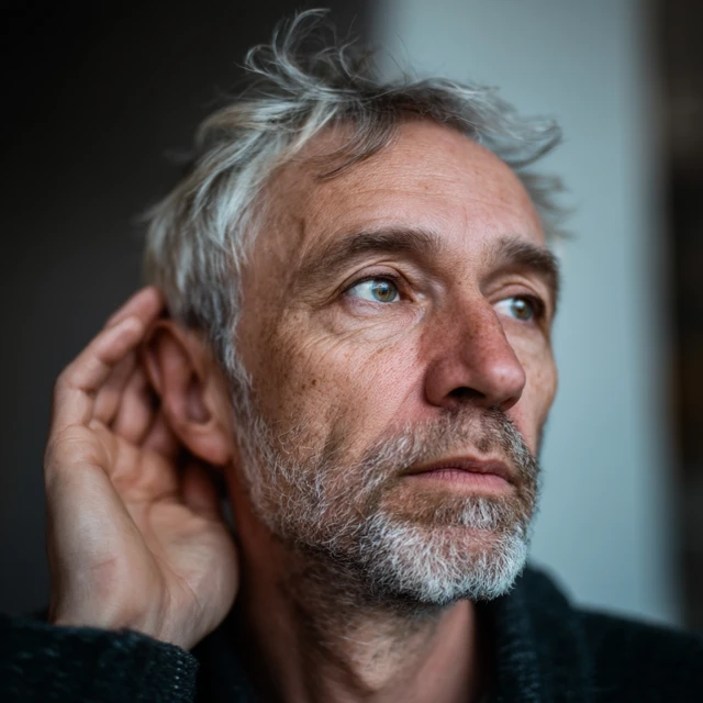 Portrait of a Confused Man Looking for Sound