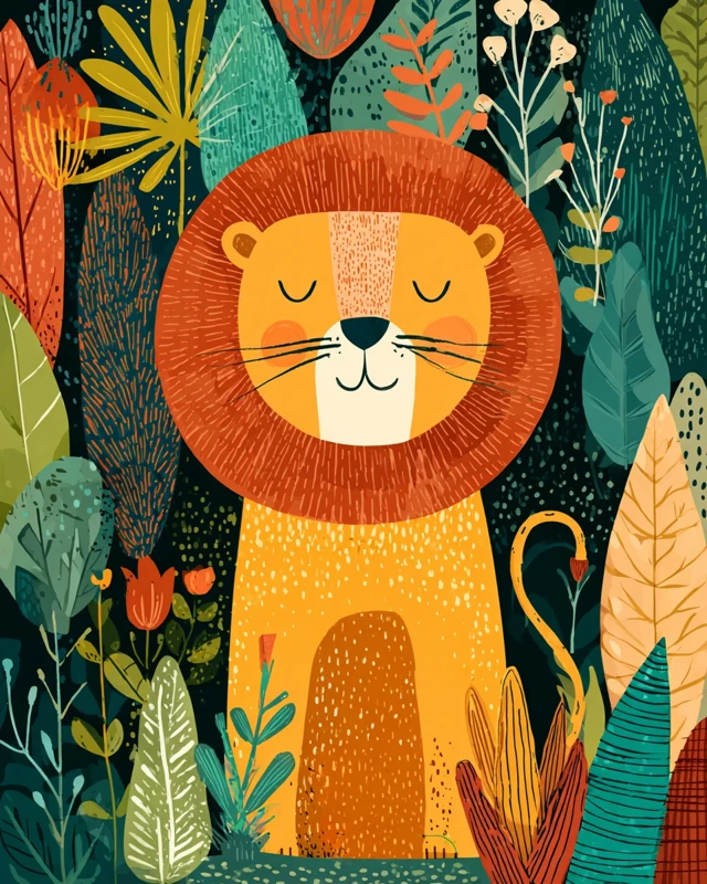 Cute Cartoon Lion in Jungle Foliage Illustration