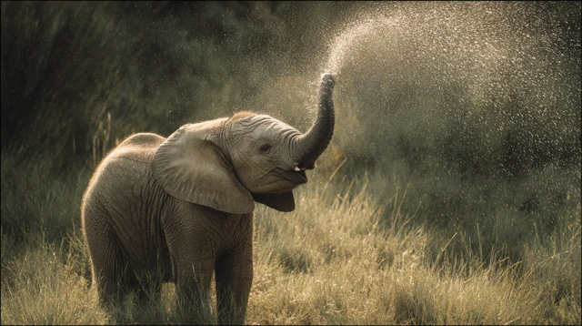 Baby Elephant Spraying Water Photography