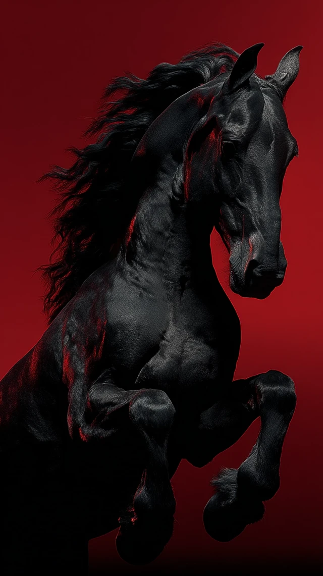 Black Horse Leaping Portrait on Red Background
