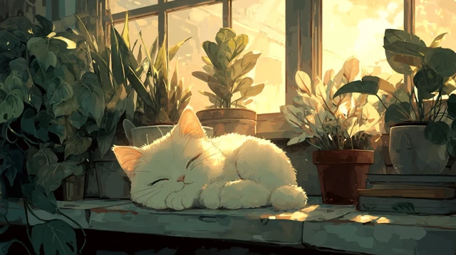 Sleeping Kitten on Windowsill with Houseplants