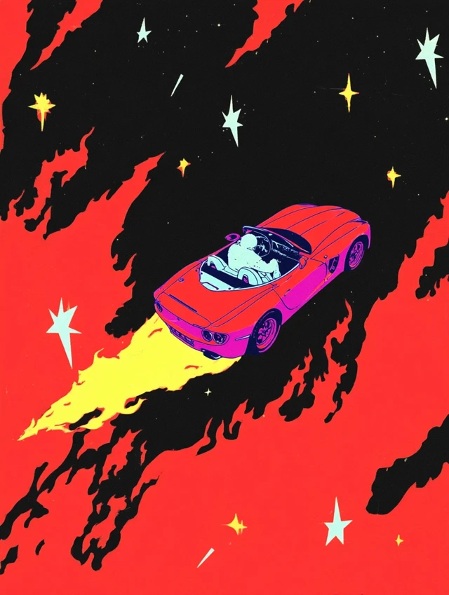 Vintage Rocket Car Poster in Space