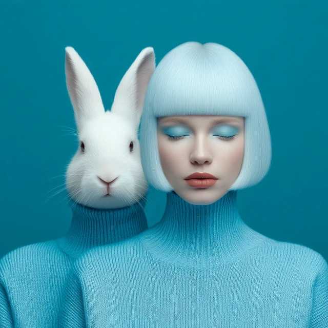 Surreal Portrait: Rabbit Head and Bob Haircut in Pastel Blue