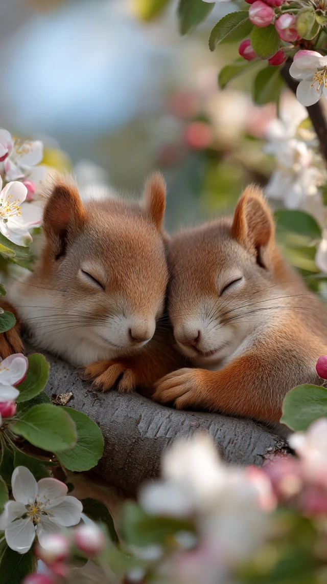 Adorable Squirrels Sleeping in Blossoms