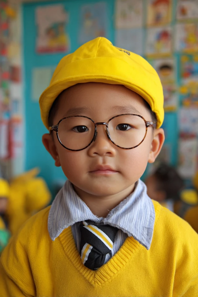 Asian Boy in Kindergarten Uniform and Glasses