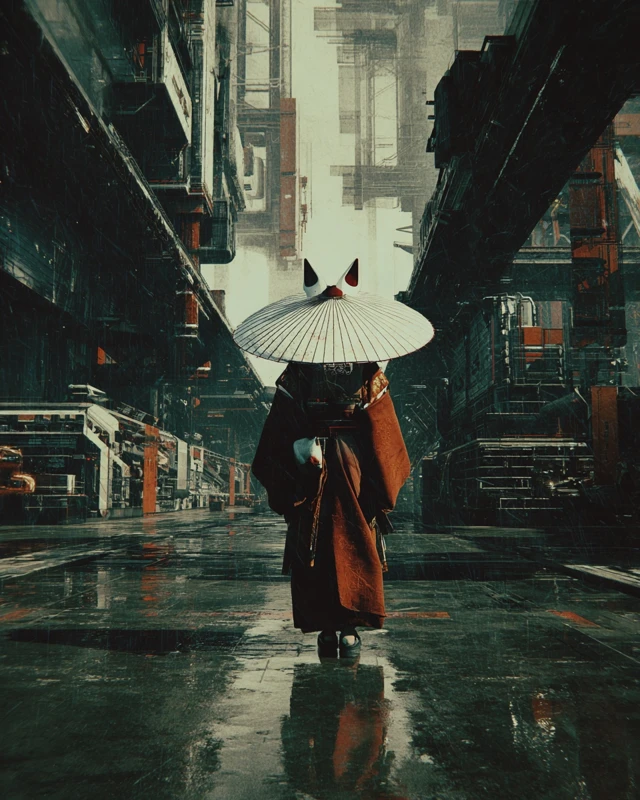 Kitsune in Cyberpunk City Velvia Aesthetic