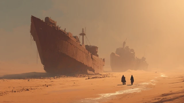 Post Apocalyptic Desert Ships Cinematic Illustration