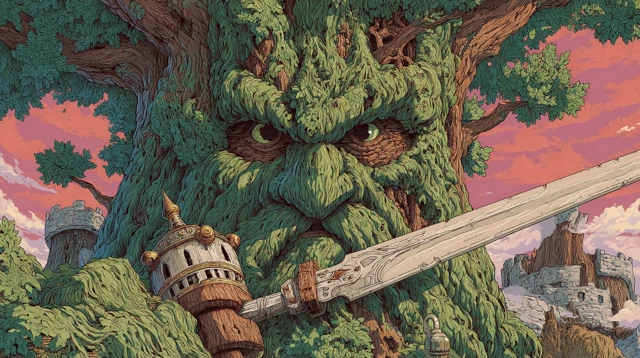 Angry Anime Tree Warrior with Sword and Helmet