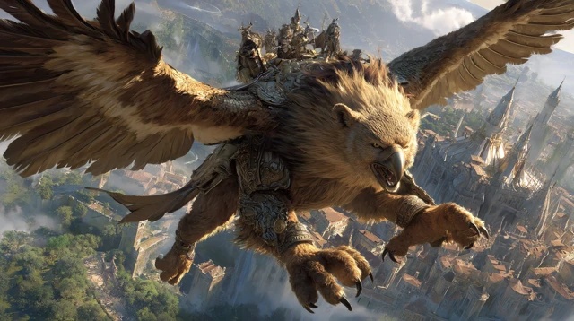 Majestic Griffon Above Burning Praag Fantasy Art