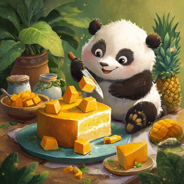 Panda Cutting Mango Cake Illustration