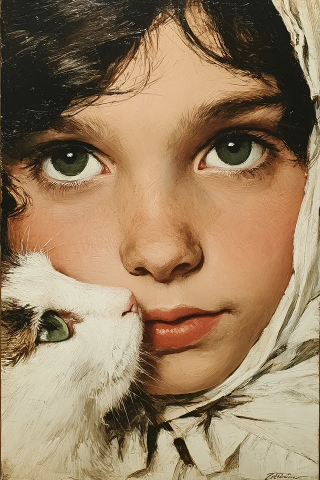 Art Deco Portrait: Child with Cat