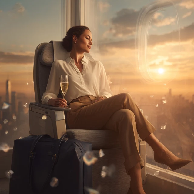 Luxury Travel Woman Sunset City Skyline Premium Economy