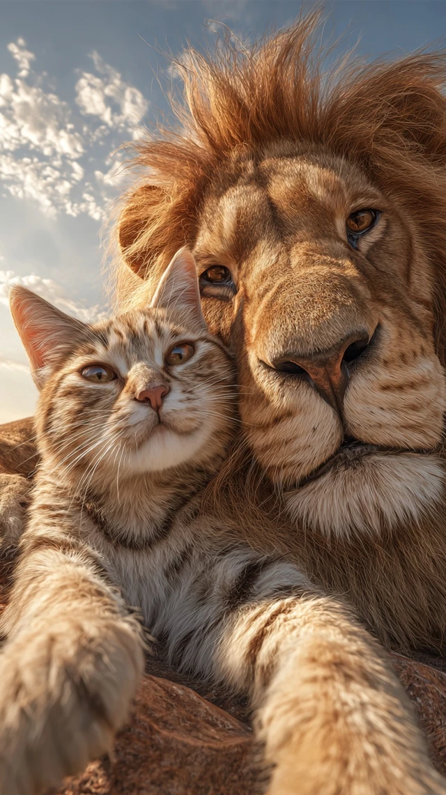 Cat and Lion Selfie in Africa Smiling Friends