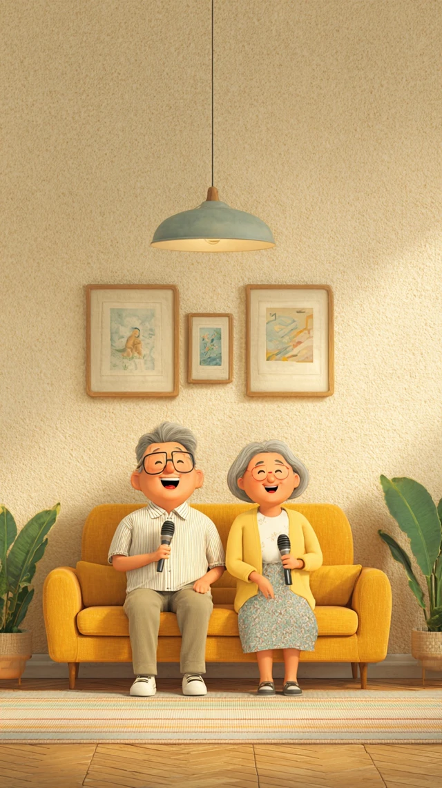Joyful Grandparents Singing in Cozy Living Room
